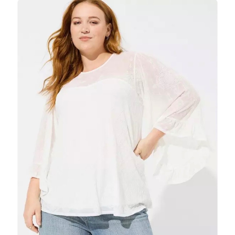 Torrid White Flocked Mesh Bell Sleeve Blouse Damask‎ Sheer Top 3X Lace Boho